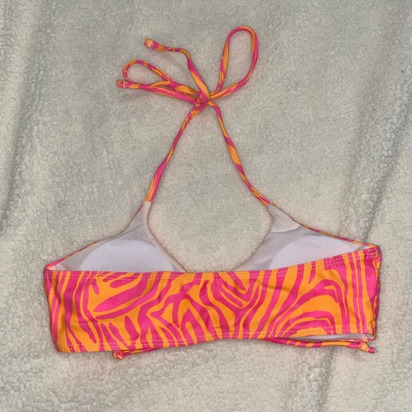 NWOT Neon pink and orange striped tie-front halter bikini top - Picture 2 of 3